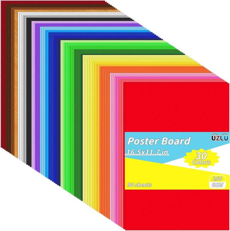 UZLU 90 Pcs Poster Board 16.5 x 11.7 in Colored Posterboard Paper Bulk 30 Assorted Color 250 GSM Thickness Cardstock A3 Large Blank Vision Boards for School Drawing Craft Projects DIY Display Supplies - Image 1